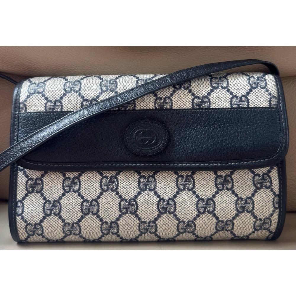 Authentic Vintage Gucci Navy Monogram Canvas Leather Flap Clutch Crossbody Bag